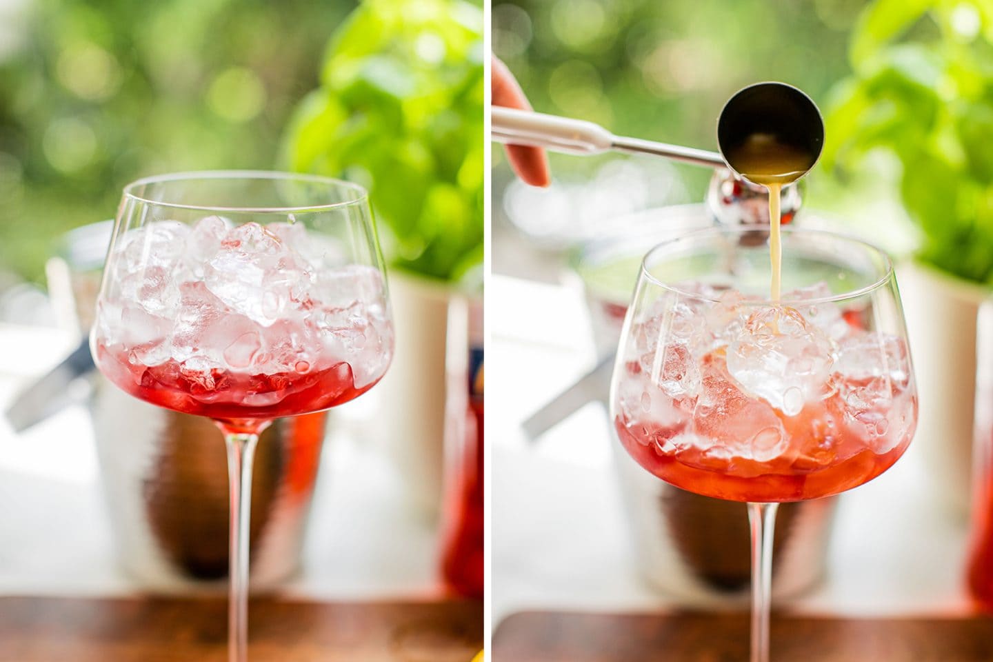 adding liquid ingredients to a glass full of ice