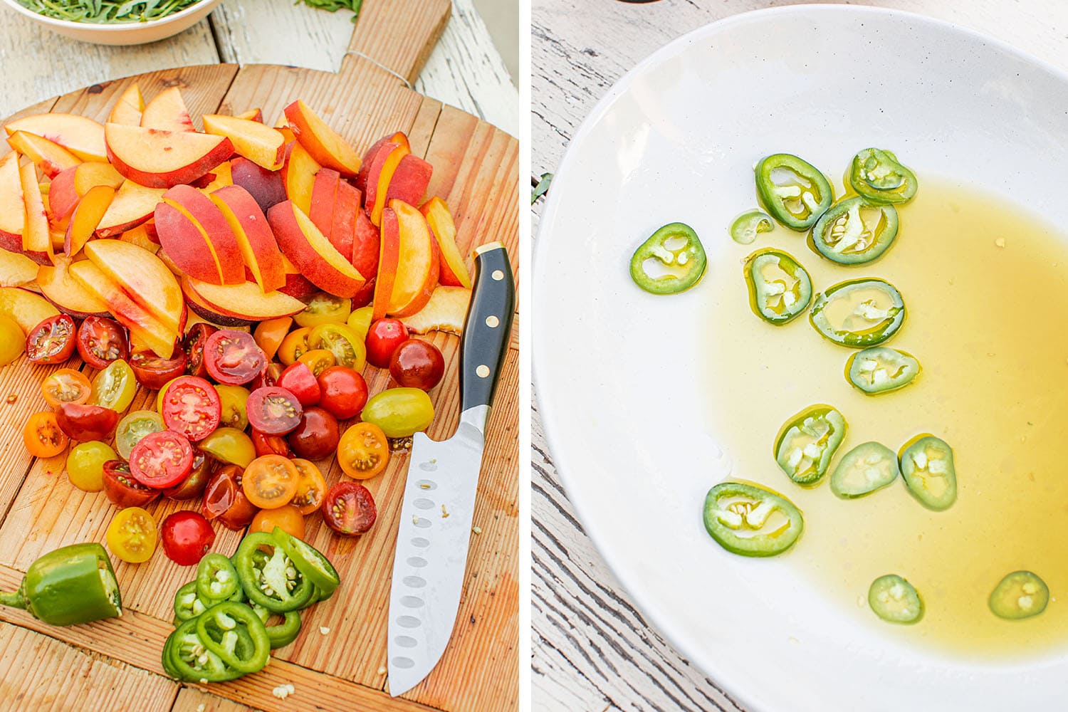 cut up all of the peaches and additional ingredients and make the dressing