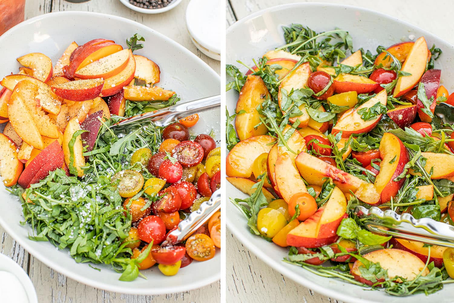 Putting the salad ingredients into the bowl and then tossing them together with the tongs