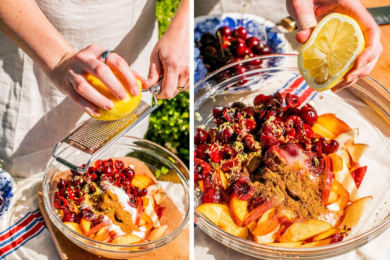 zesting and juicing a lemon into the fruit mixture