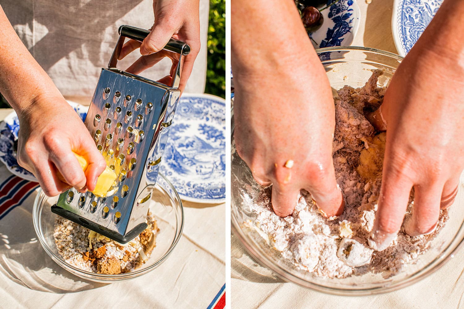 grating butter into the crisp mixture and combining it with fingers until it's into crumbles