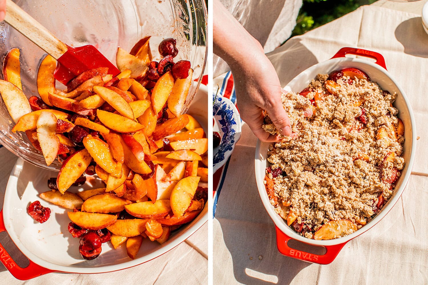 adding the fruit mixture to the baking dish and then spreading the crisp mixture on top