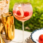 a peach spritz beside a golden cocktail shaker and raspberries for garnish