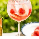 a peach spritz garnished with raspberries and peach slices in ice