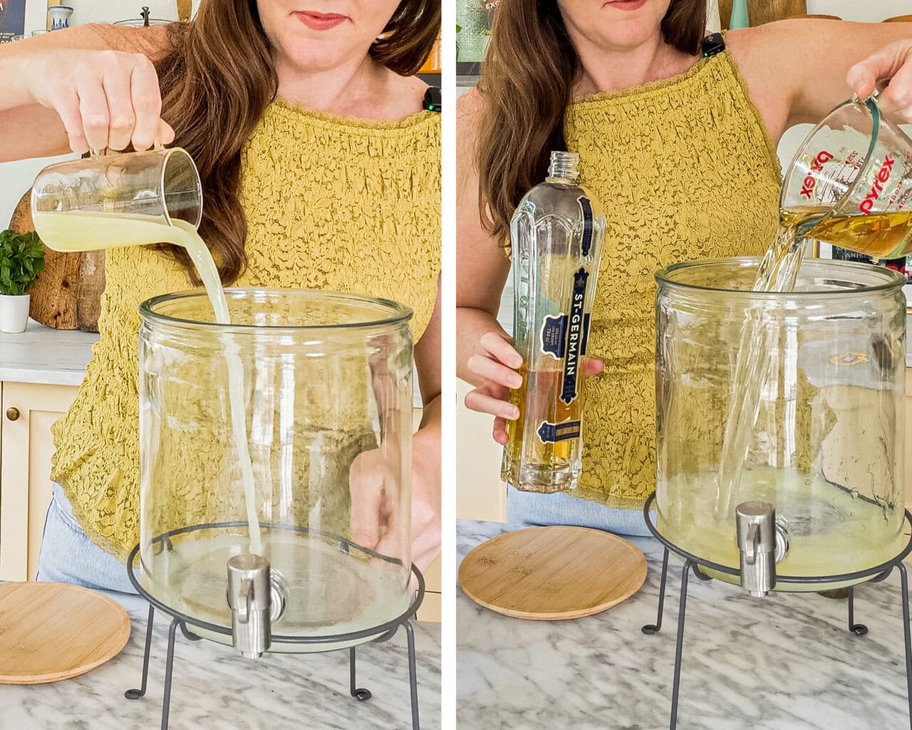 pouring fresh lime juice into a drink dispenser, pouring St. Germain elderflower liqueur into a drink dispenser