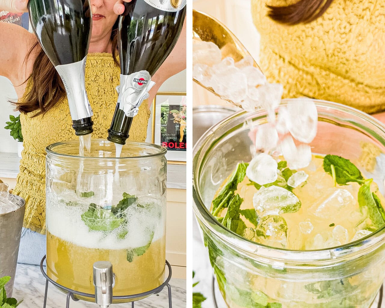 adding two bottles of prosecco to a drink dispenser and adding a few scoops of ice to a drink dispenser