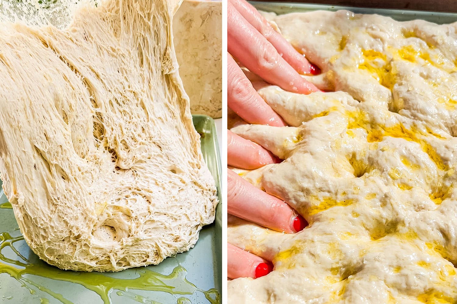 adding the dough to the baking ish and poking holes in it with fingers