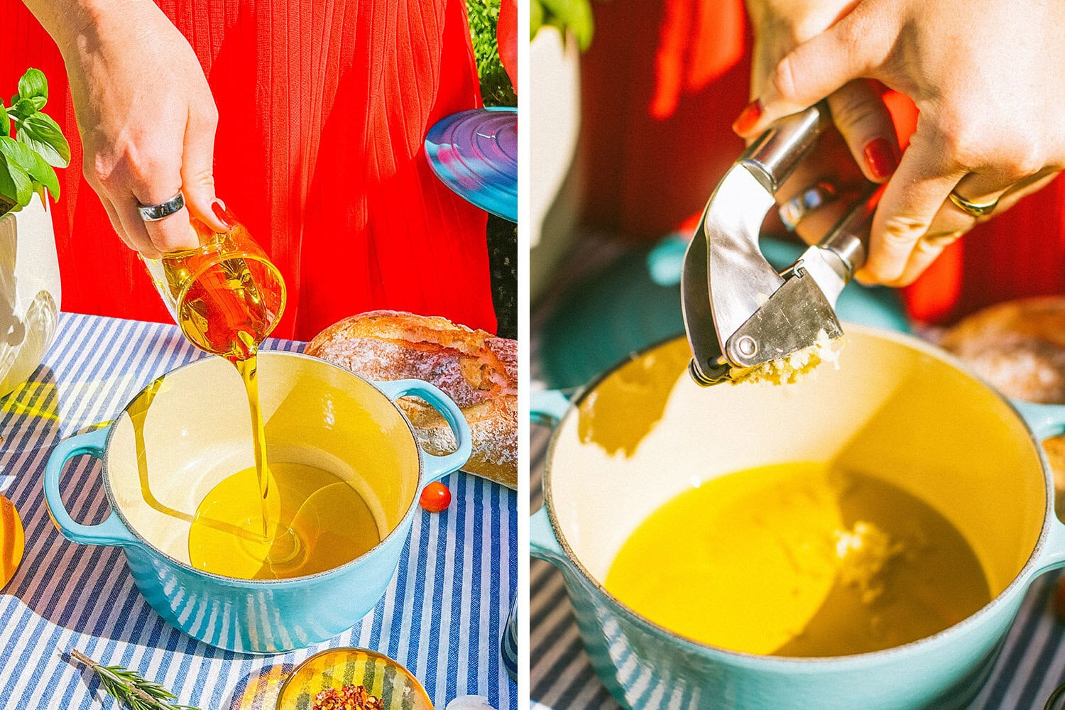 elizabeth adding olive oil and freshly minced garlic to a light blue dutch oven