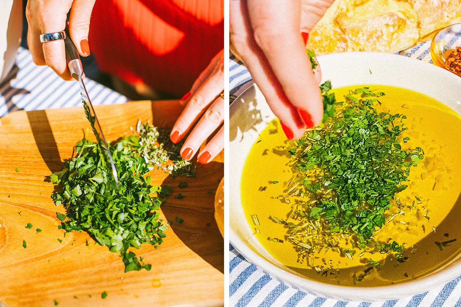 elizabeth chopping fresh herbs and adding them to the olive oil in a wide bowl