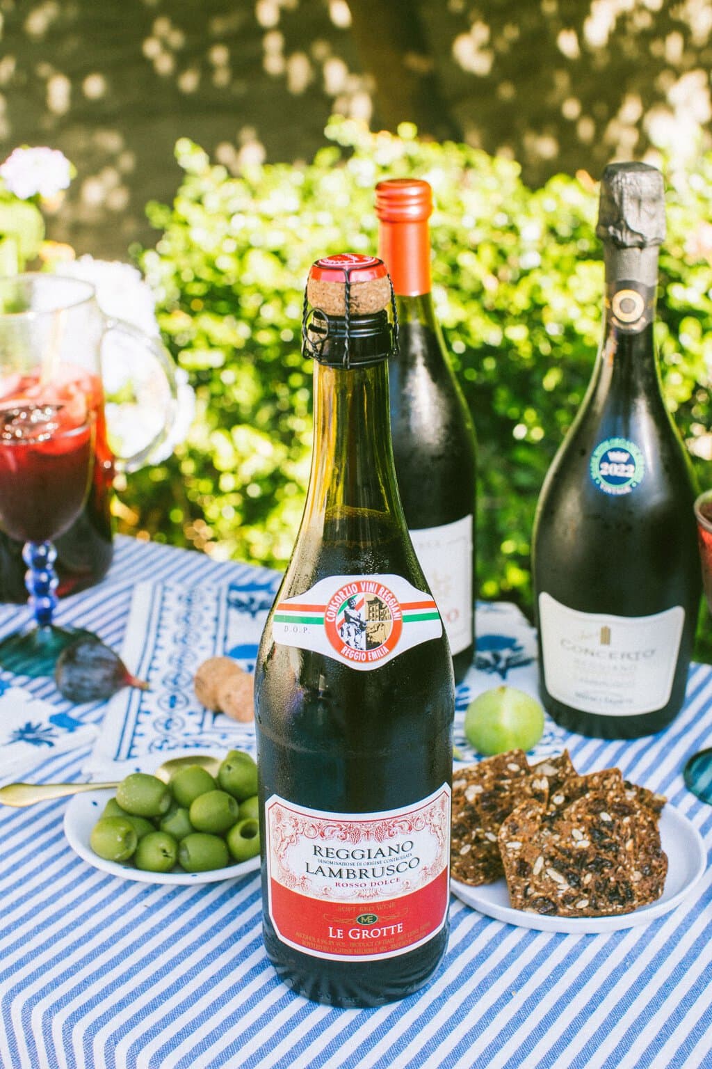 reggiano lambrusco in front of some food and two bottles of other kinds of lambrusco