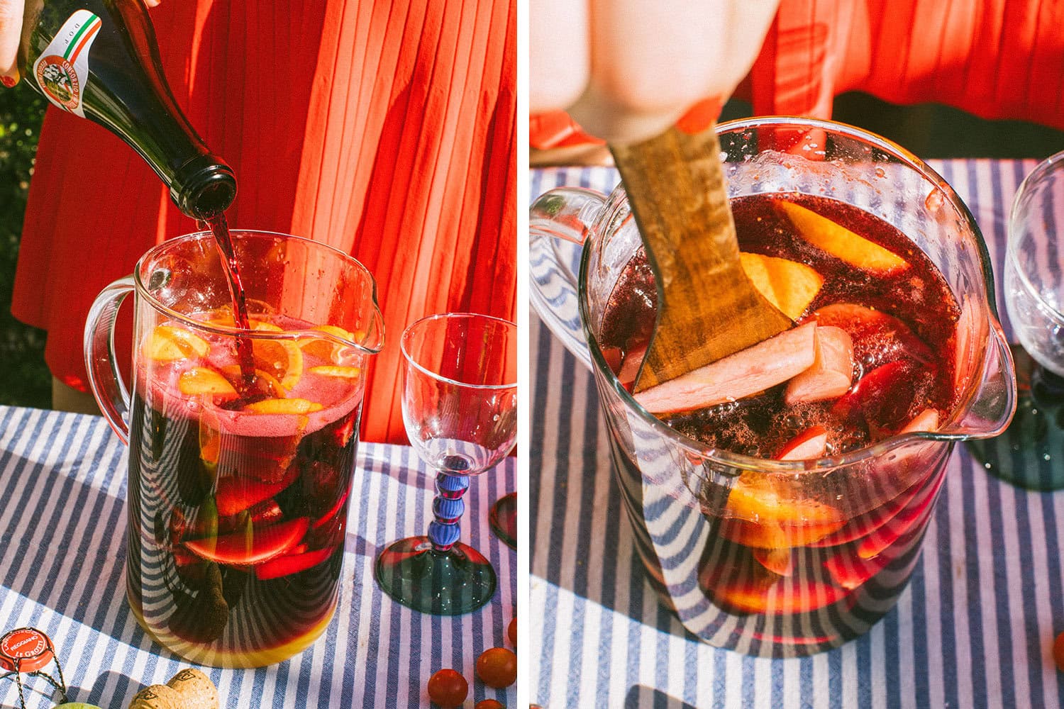 adding lambrusco to the pitcher and stirring it 