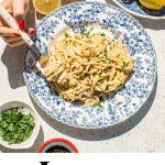 a bowl full of lemon pasta with a creamy sauce and green garnish with a hand twirling a bit of pasta around a fork. the bowl is surronded by lemons and bowls of garnish