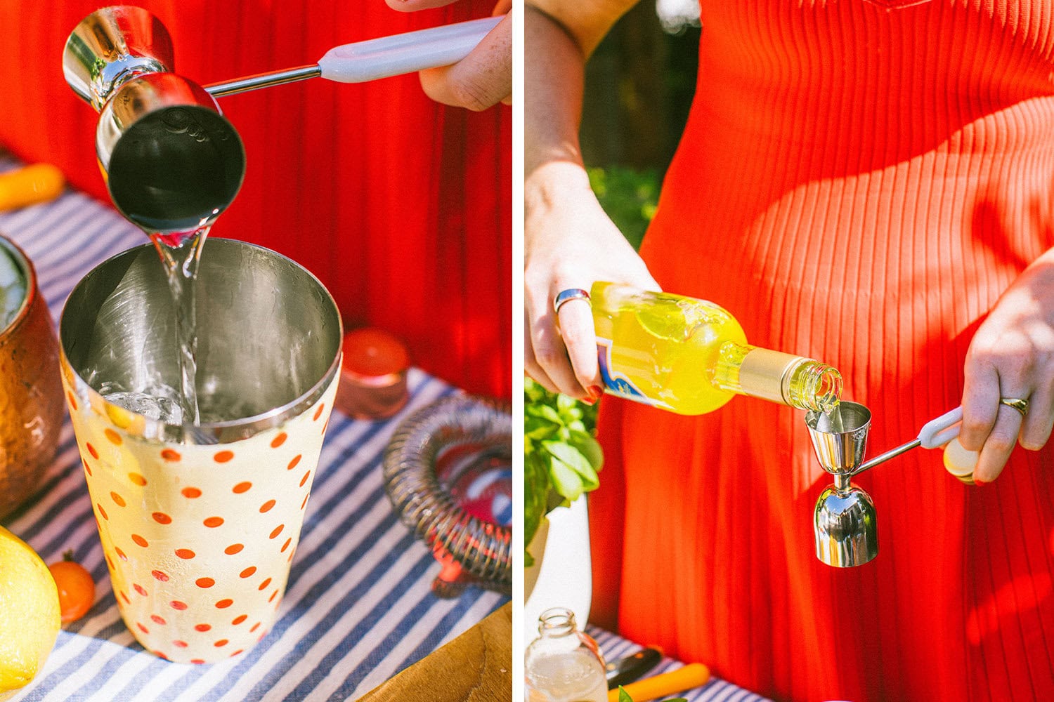 elizabeth adding the vodka and limoncello to the cocktail shaker