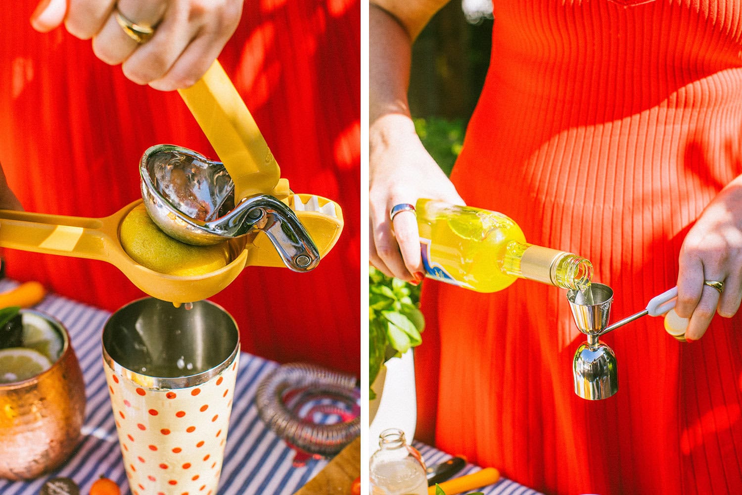 adding fresh lemon juice to the cocktail shaker