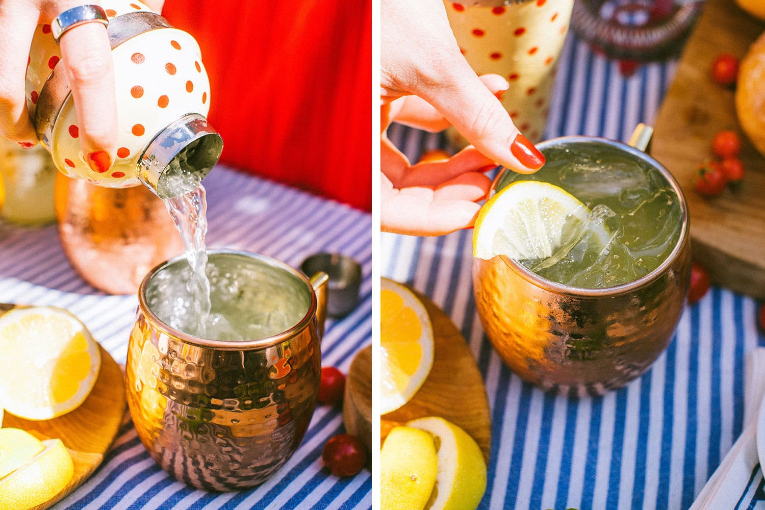 straining the limoncello mule into the copper mug and garnishing with a slice of lemon