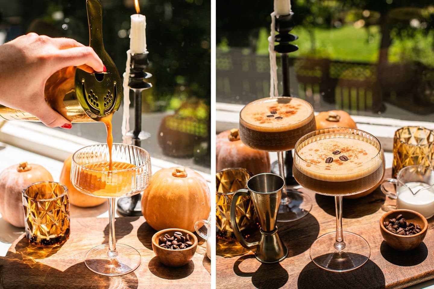 strain the espresso martini in the glass and then garnish with coffee beans and pumpkin spice