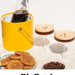 a bottle of espresso martini mix with two glasses beside it and text overlay on the bottom of the image half-covering a plate of cookies and a bowl of espresso beans