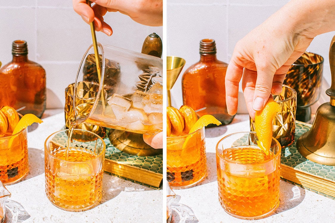 strain drink into the glass and garnish with orange peels and donuts