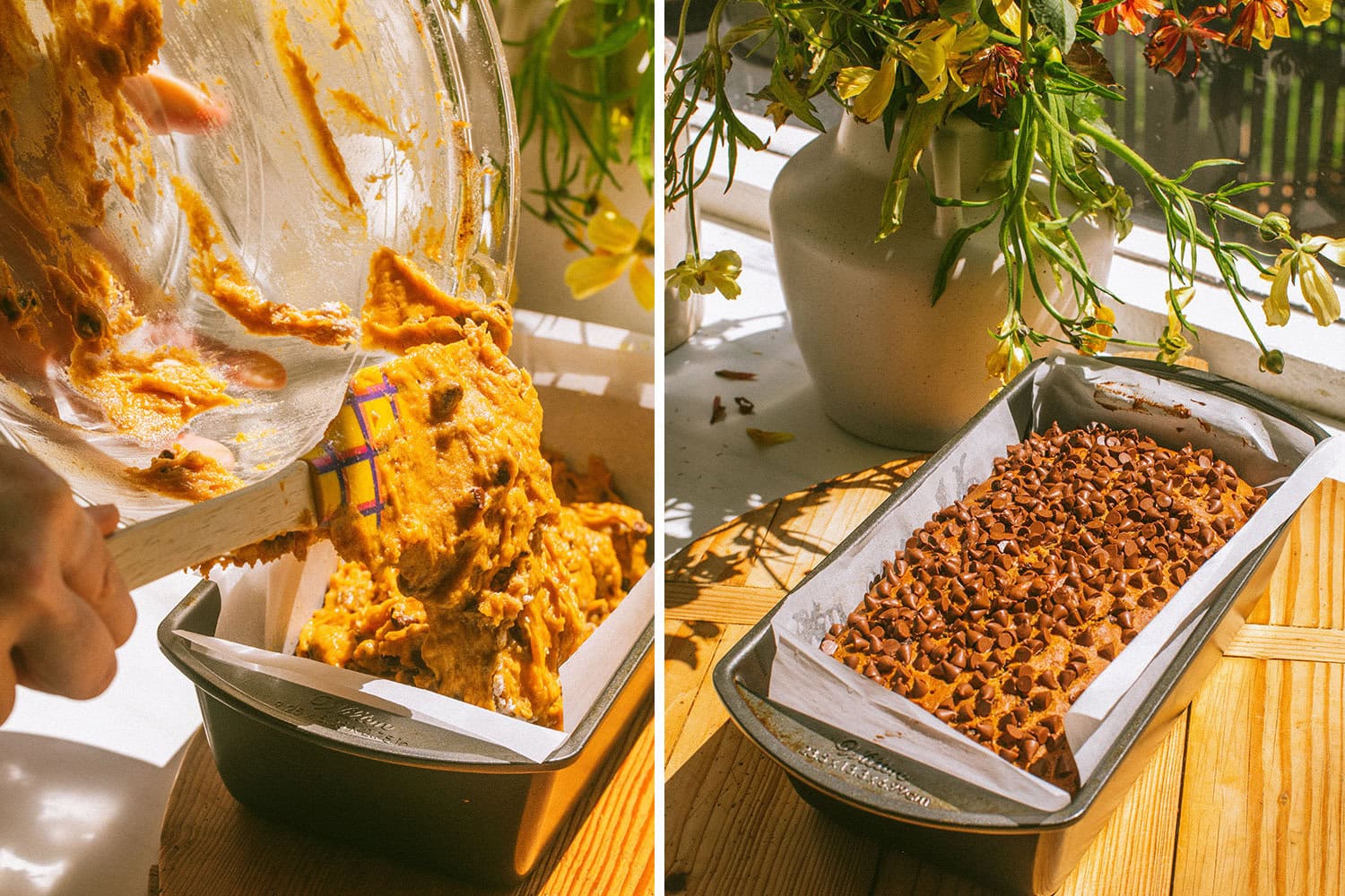 add the batter to the baking pan and then top with extra chocolate chips