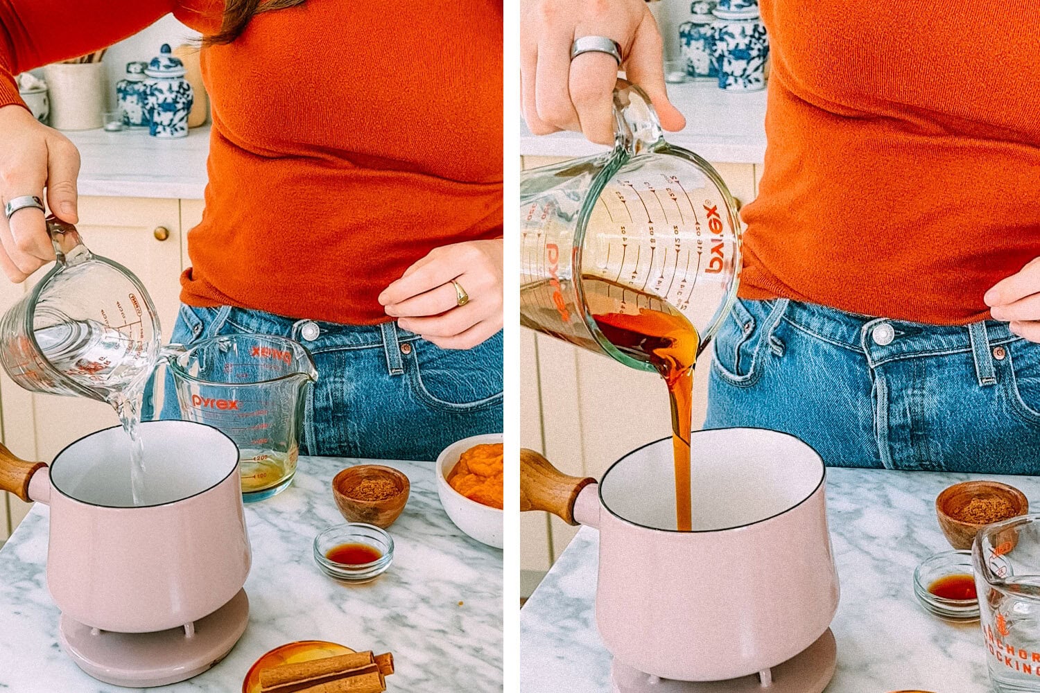 add ingredients to a stove pot to make homemade pumpkin syrup