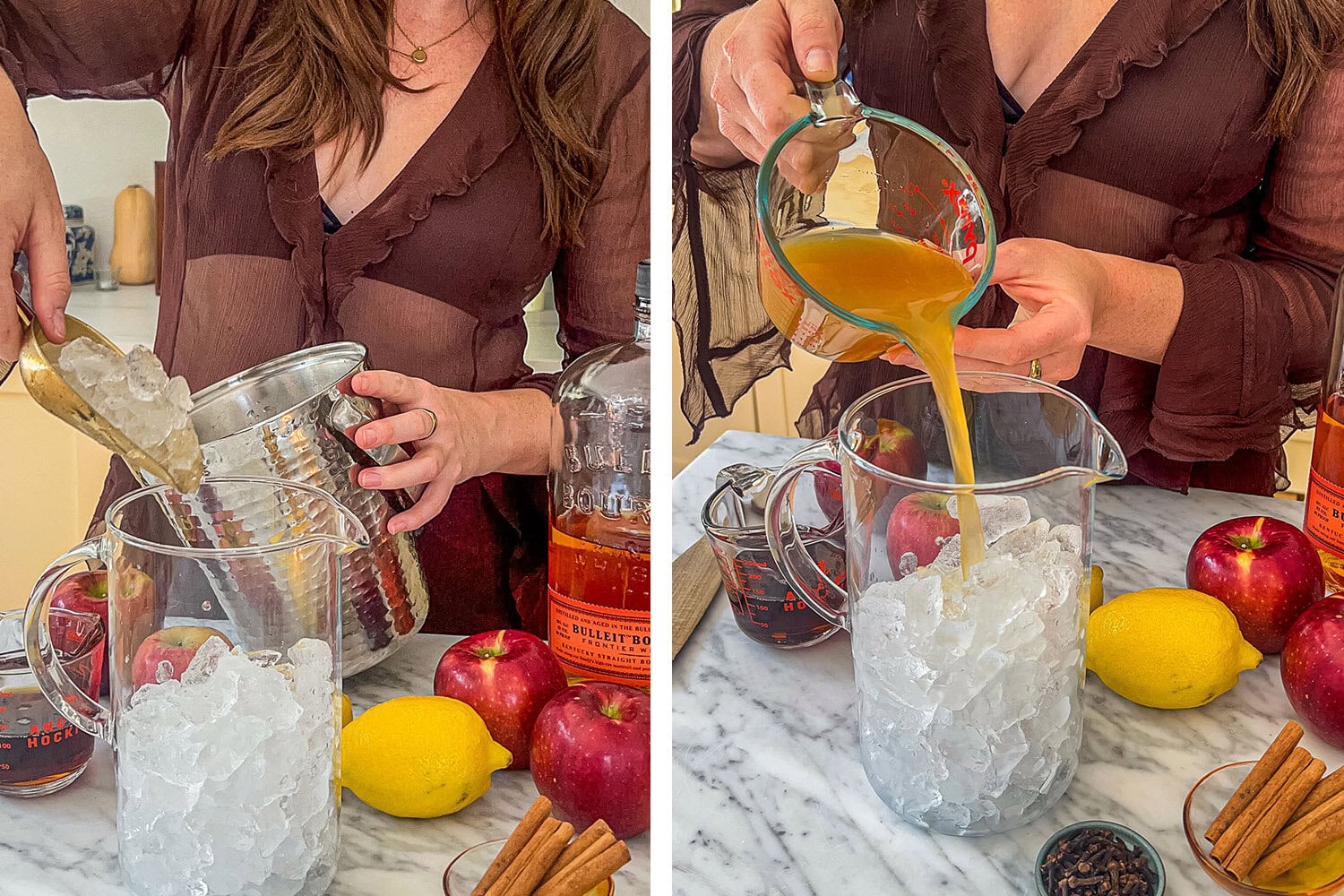 adding ice to the pitcher and adding the liquid ingredients