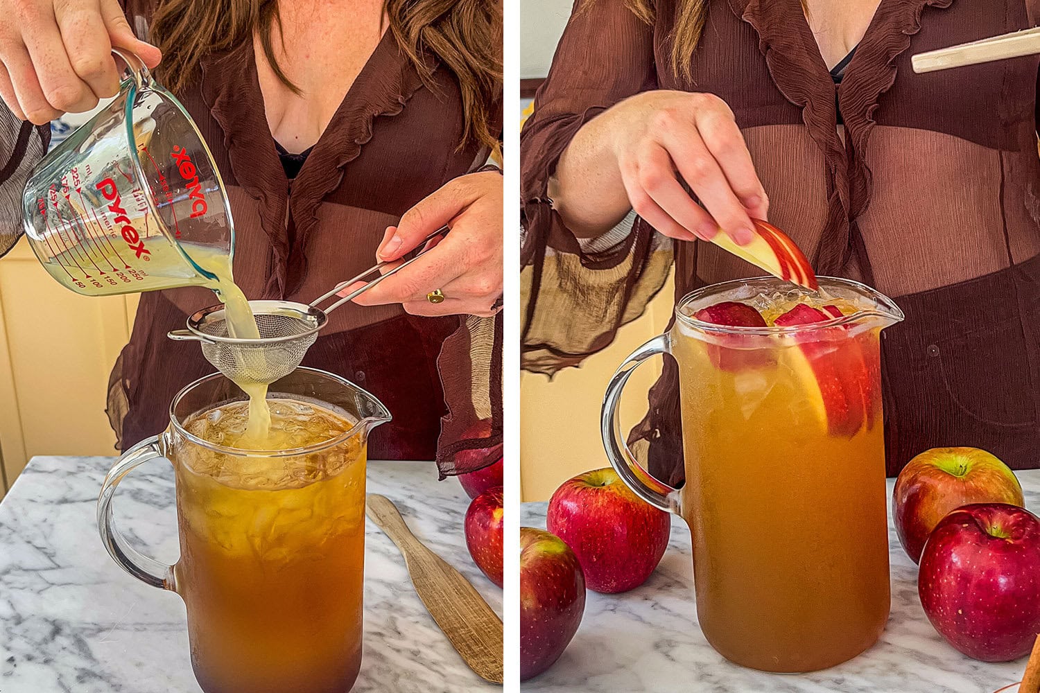 adding the rest of the liquid ingredients strained through a sieve and then garnishing with apple slices