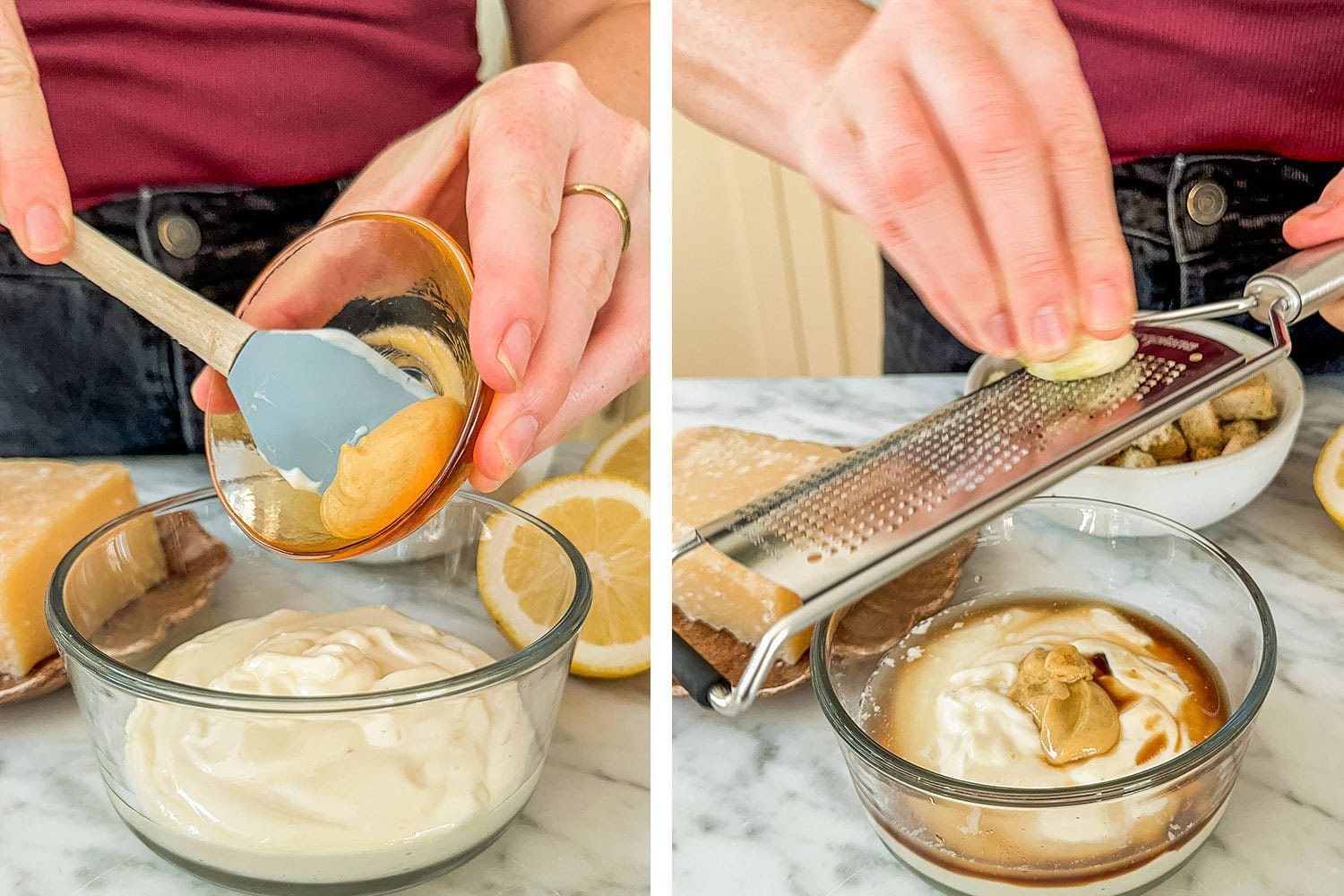 add the ingredients to a bowl and use a microplane on a garlic clove