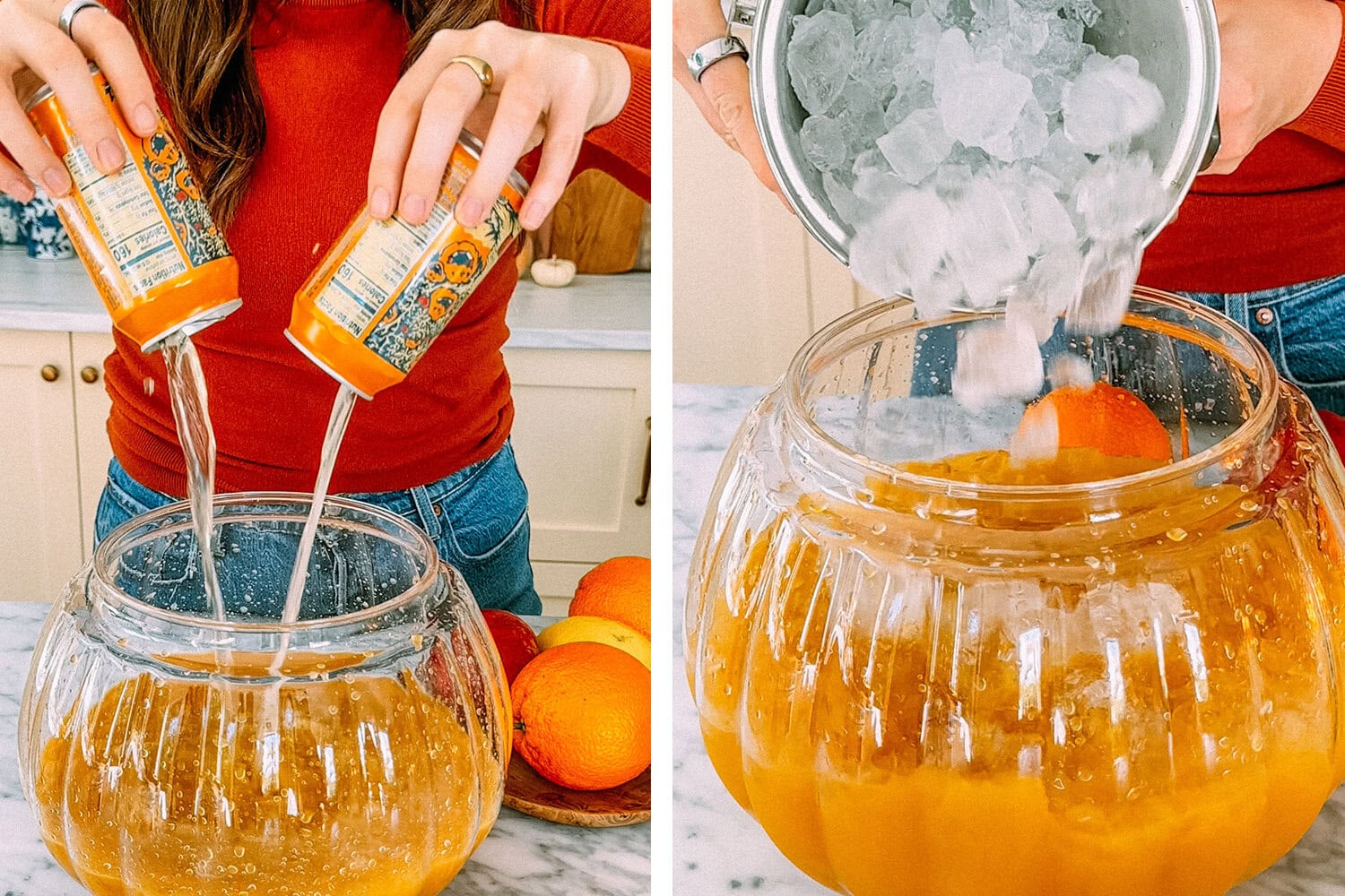 adding pumpkin cider and ice to the punch