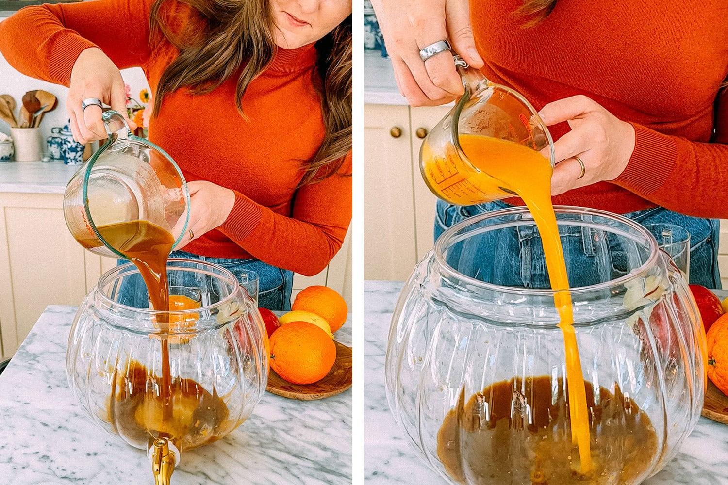 add the syrup and orange juice to the punch bowl