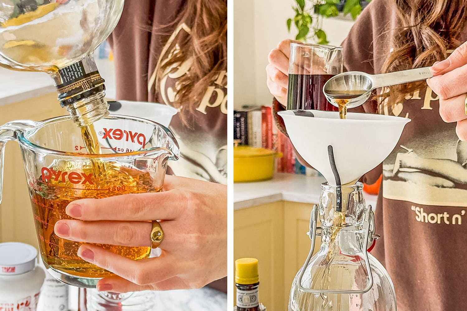 pouring in the bourbon, bitters, and simple syrup to the carafe