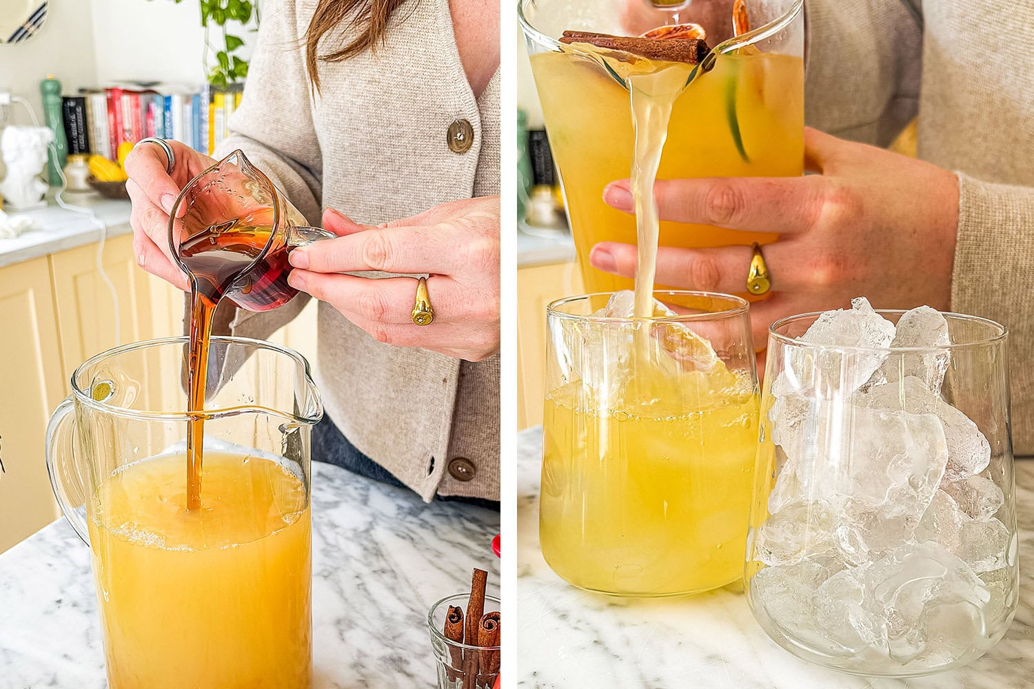 adding maple syrup and then pouring the margaritas into individual glasses over ice