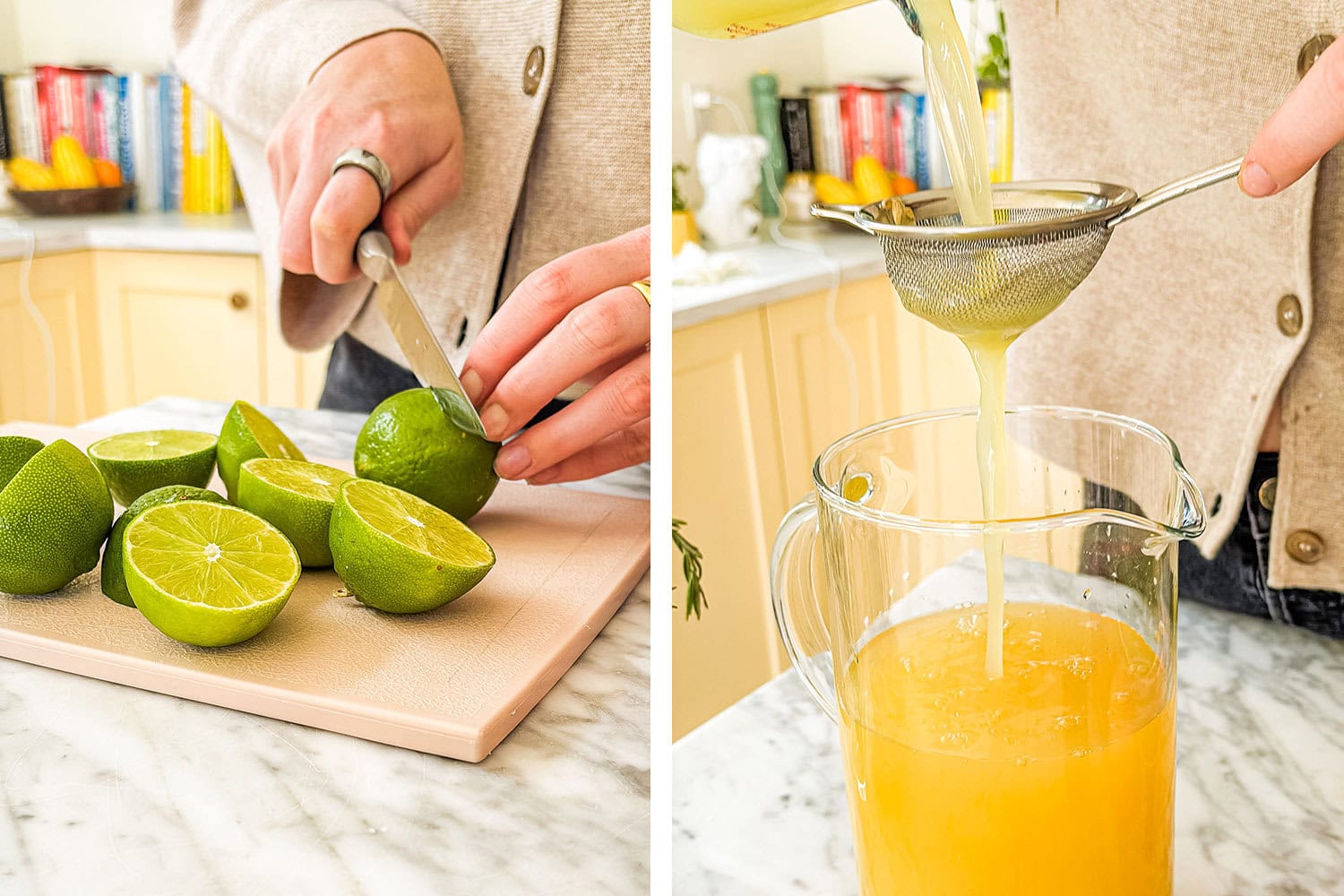 chopping limes and straining the juice into the pitcher of margaritas