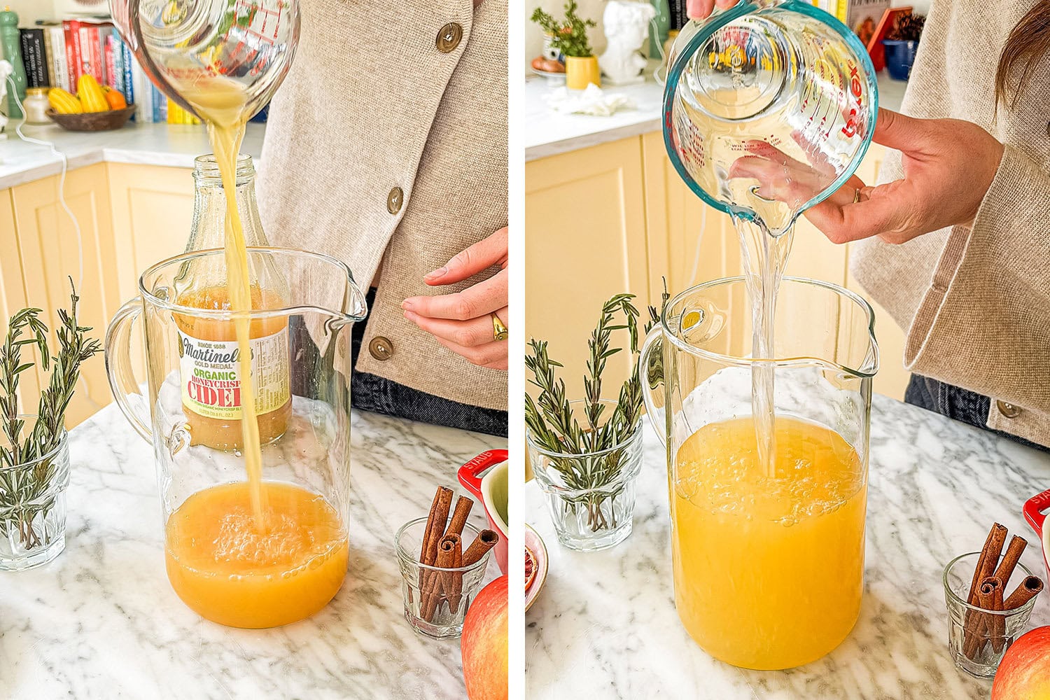 pouring apple cider, tequila, and cointreau into the pitcher