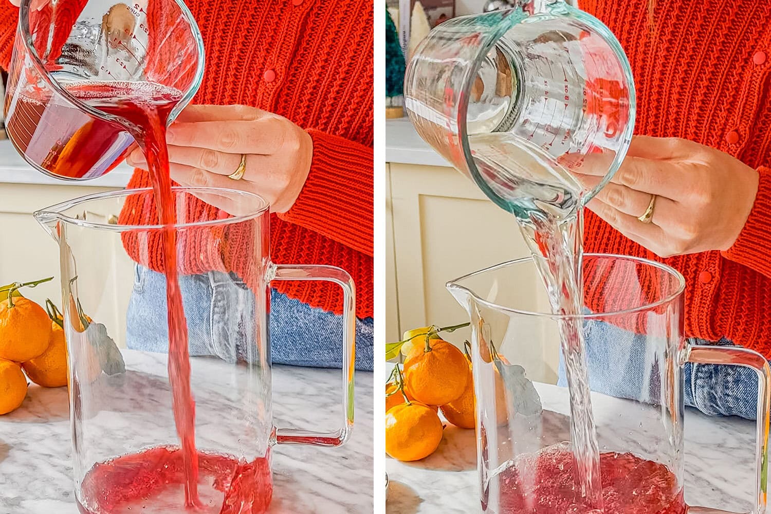 cranberry juice, gin, grand marnier, and fresh orange juice being added to a large clear pitcher 