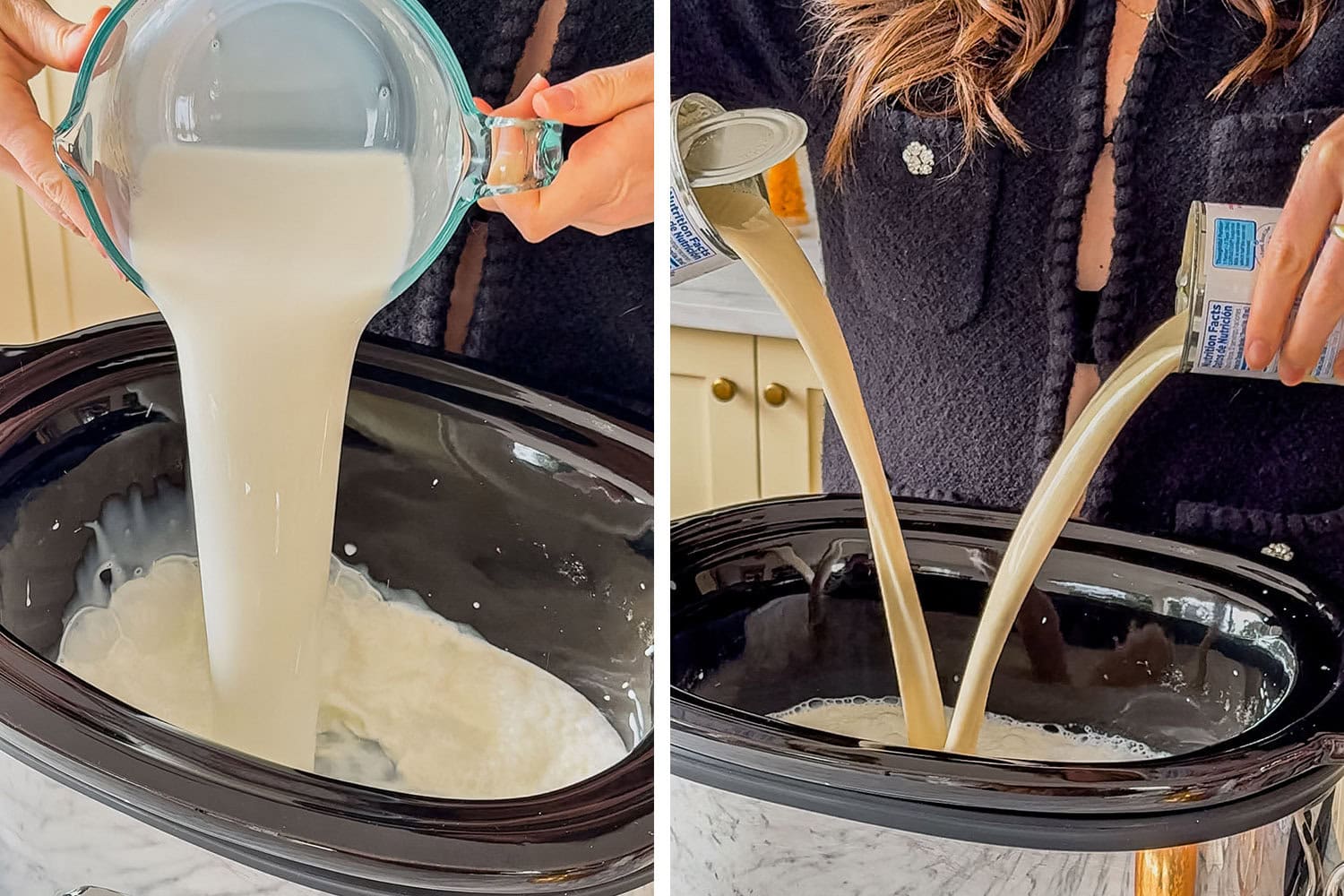 adding milk and condensed milk to the crock pot