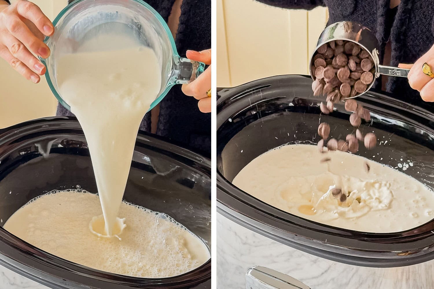 adding heavy cream and chocolate to the crock pot