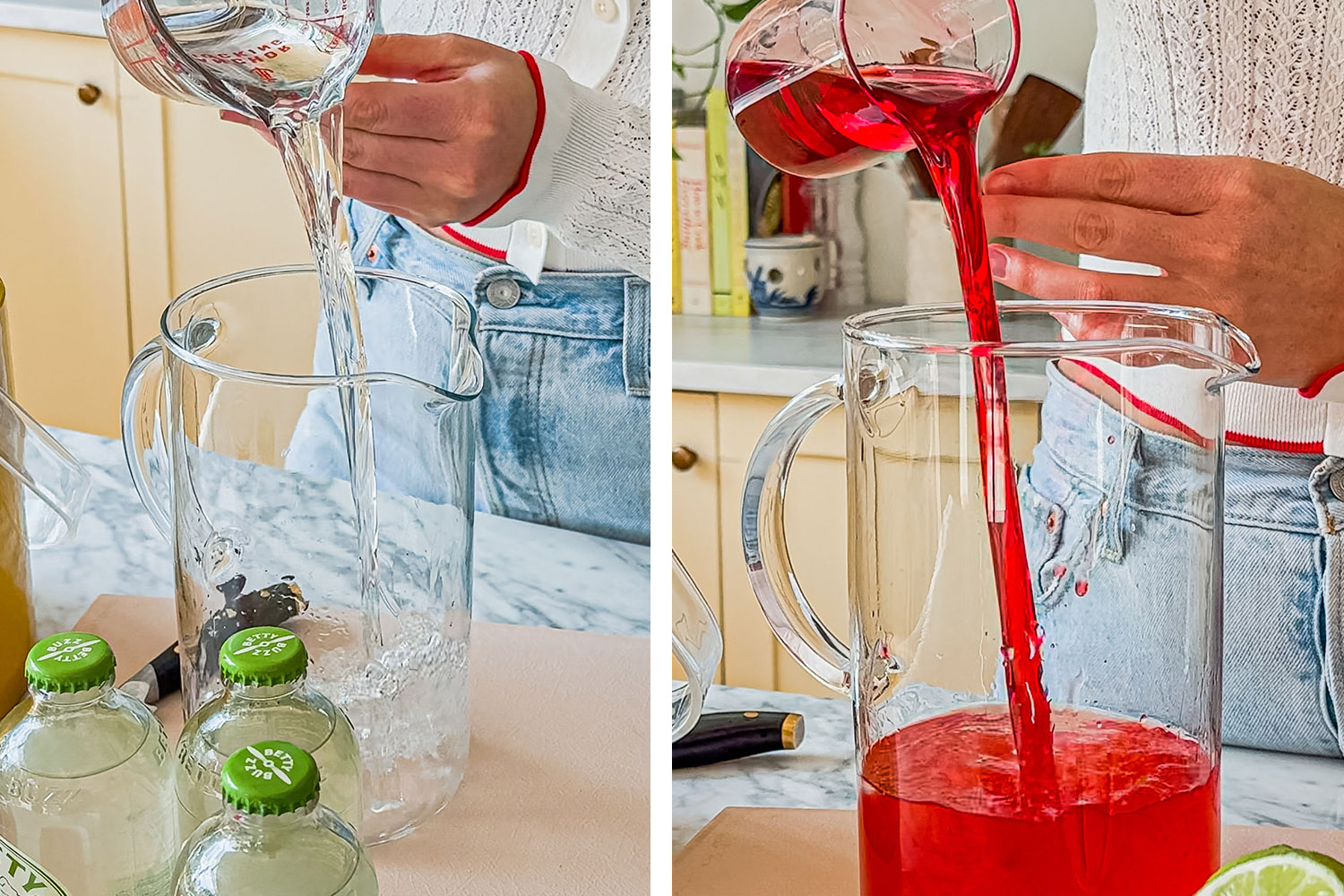 adding the vodka and grenadine to the large pitcher