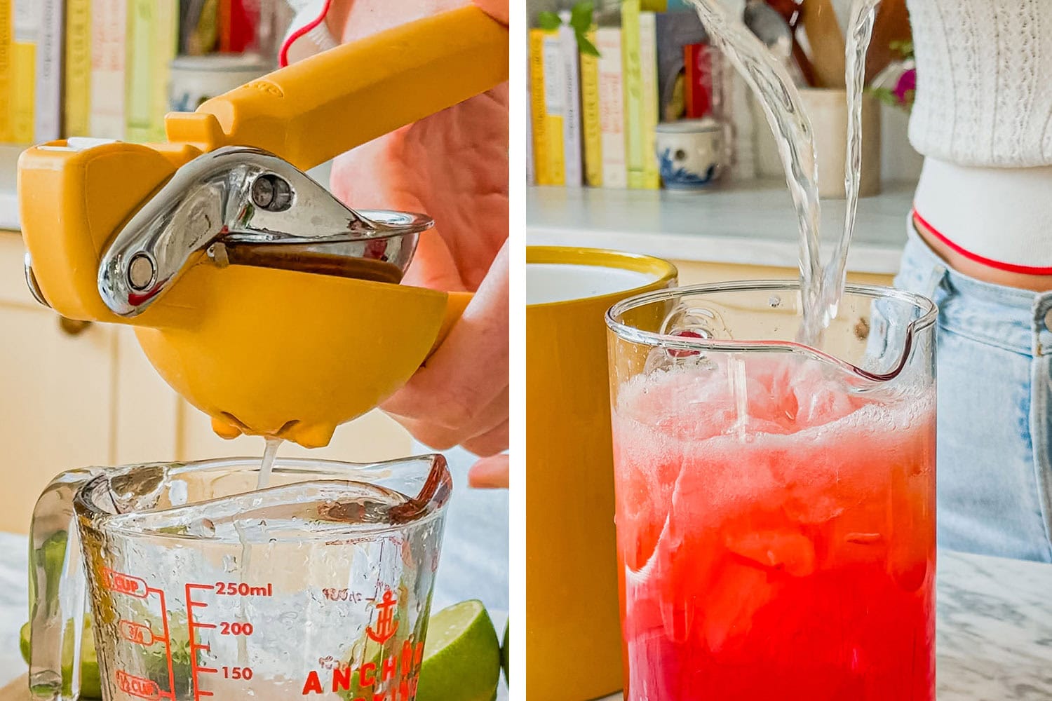 squeezing lime juice into the cocktail and adding the lemon lime soda