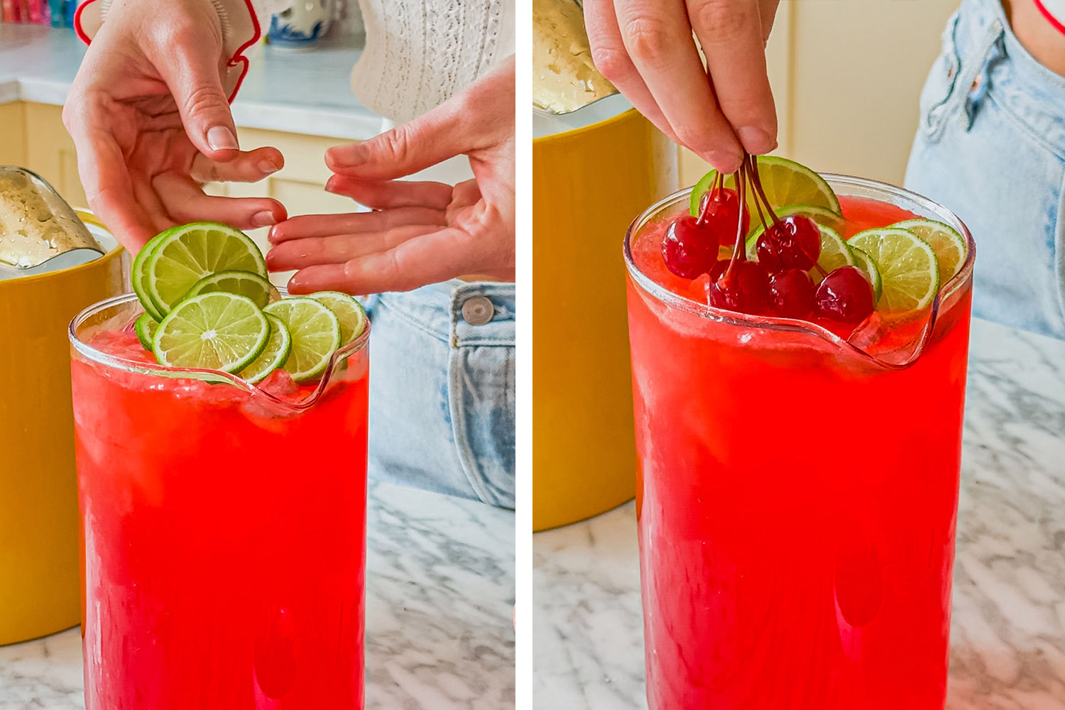 the pitcher being garnished with lime wheels and maraschino cherries