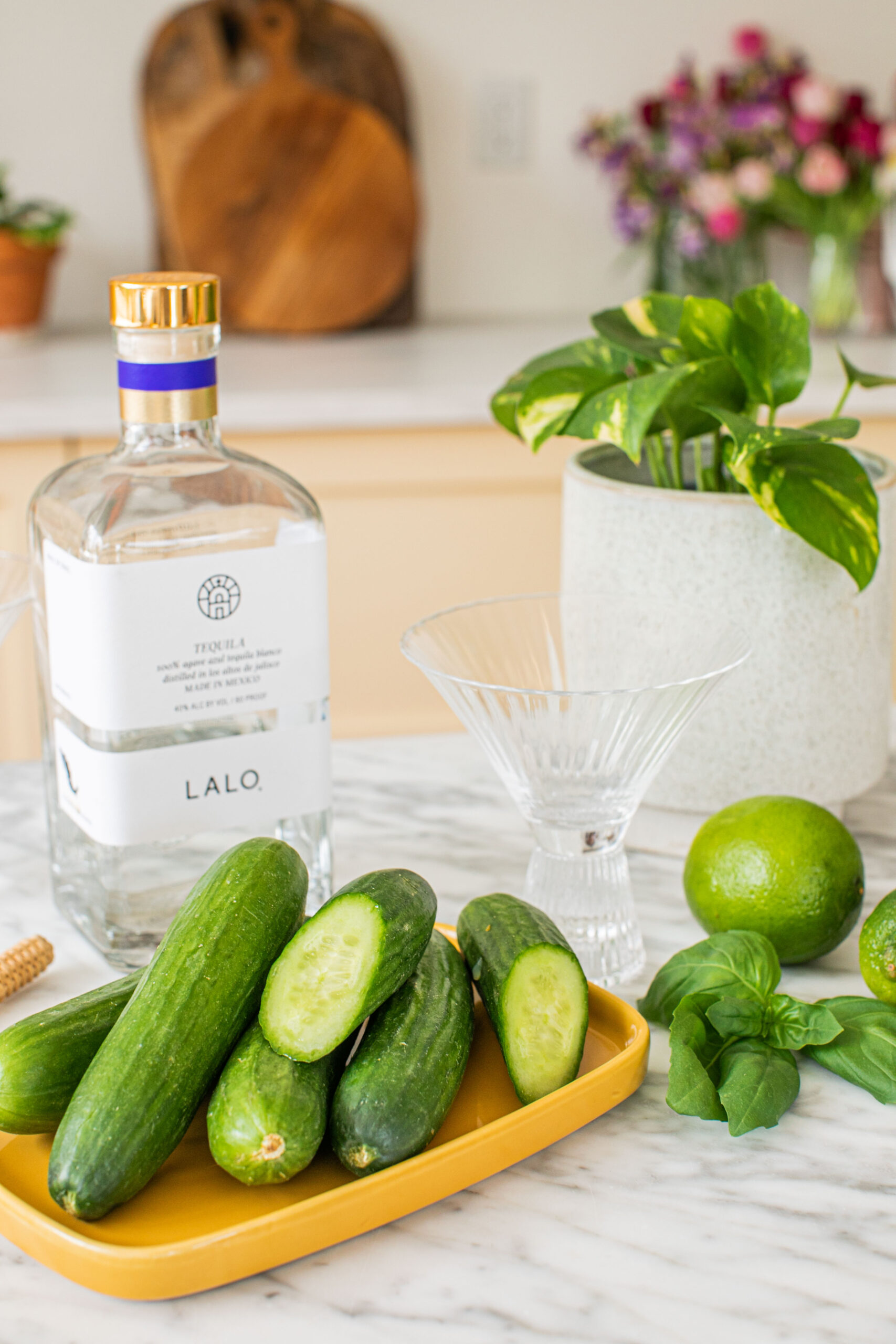 tequila, cucumbers, basil, lime, and a martini glass