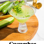 martini glass full of cucumber martini with garnish and text overlay on the image