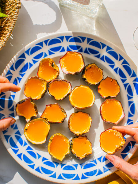 passion fruits halved and filled with tequila jello shots