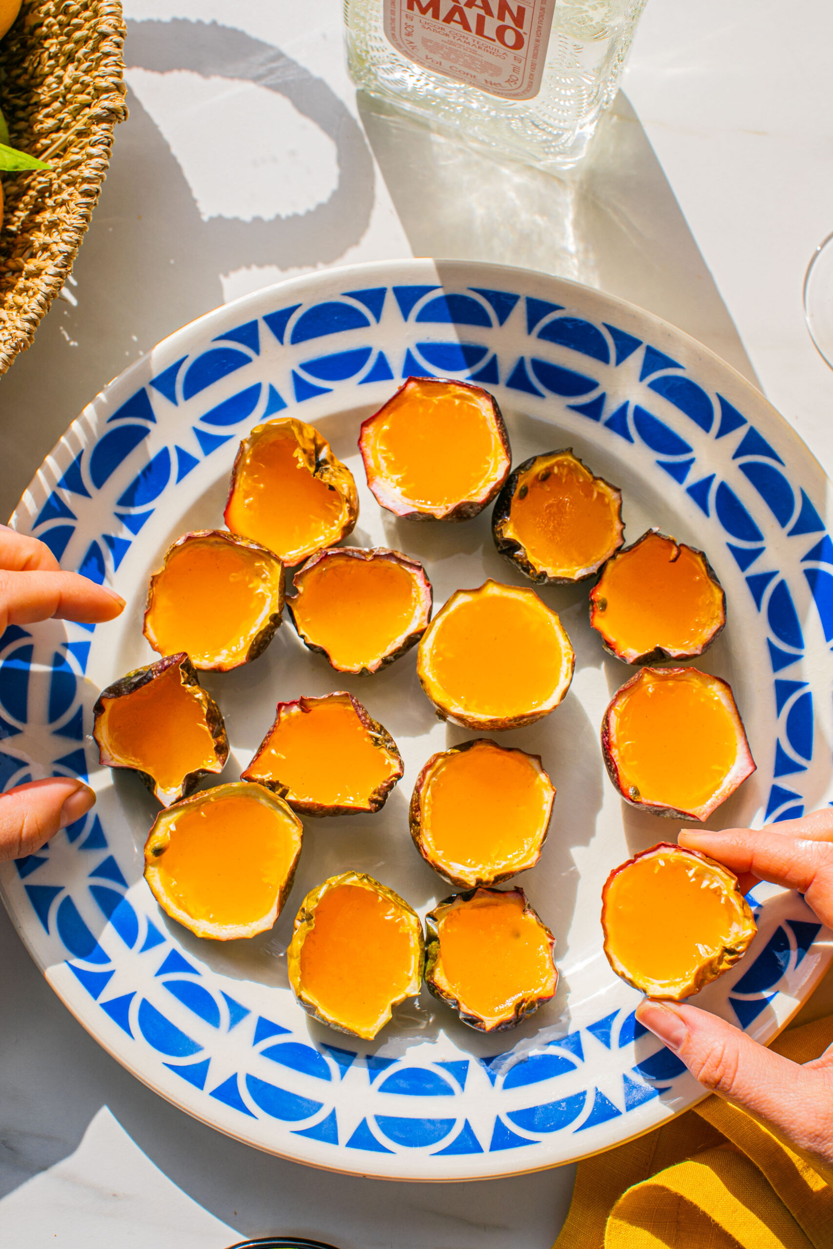 passion fruits halved and filled with tequila jello shots