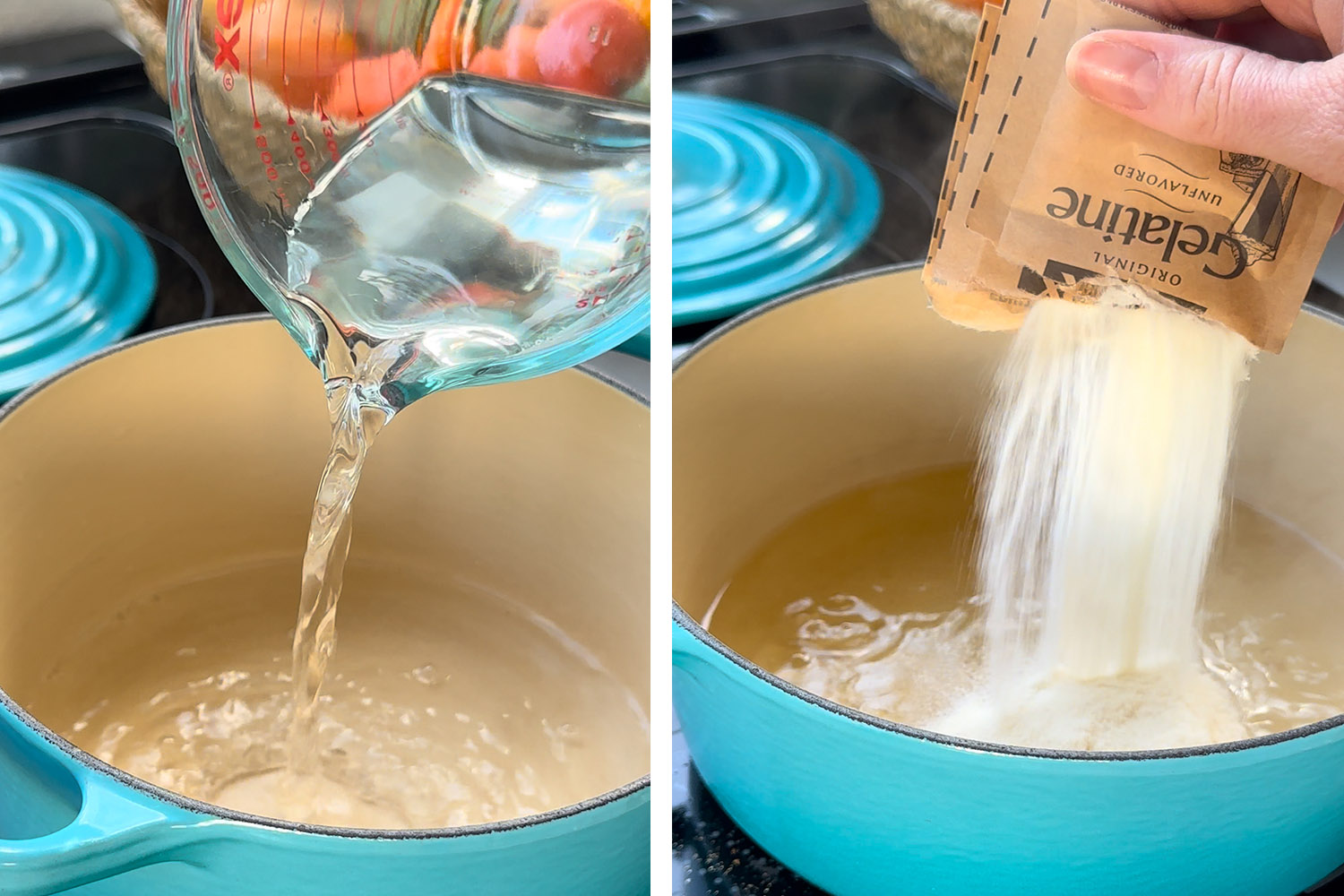 pouring water, sugar, and gelatin into a blue pot 