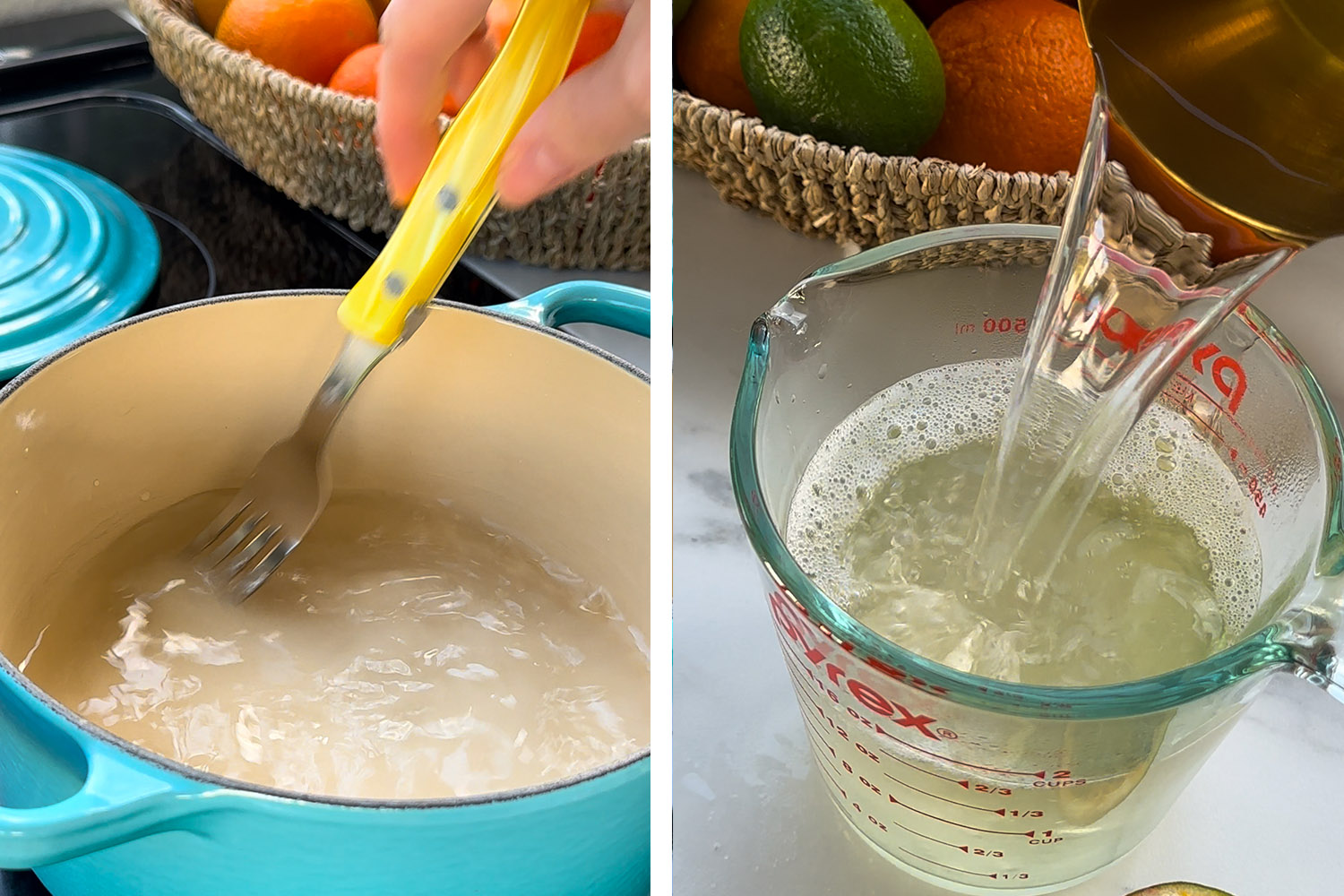 Mixing the gelatin mixture and then moving it to a glass measuring cup