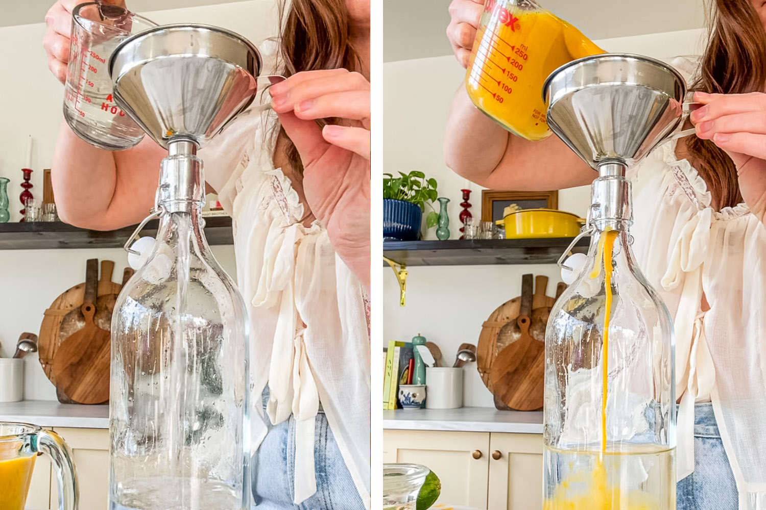 adding the vodka and passion fruit puree to the bottle