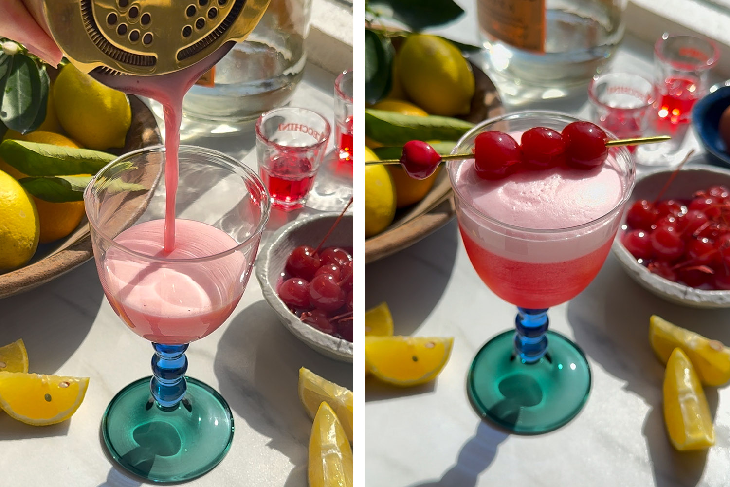 strain the cocktail and garnish with cherries