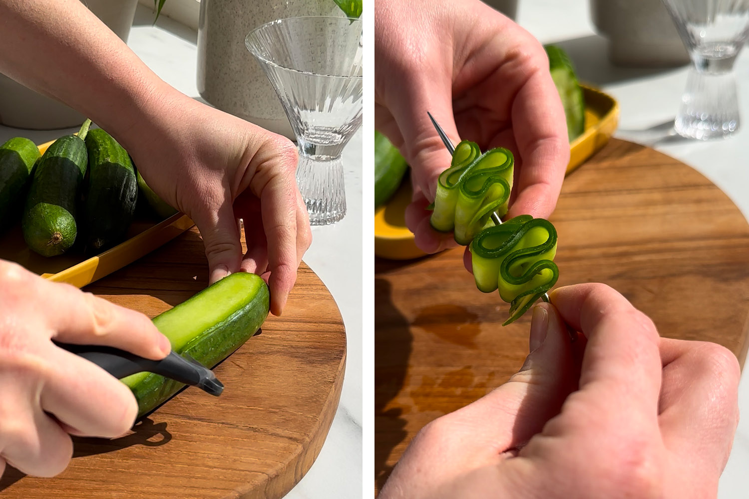 peel cucumber and skewer it to create a garnish