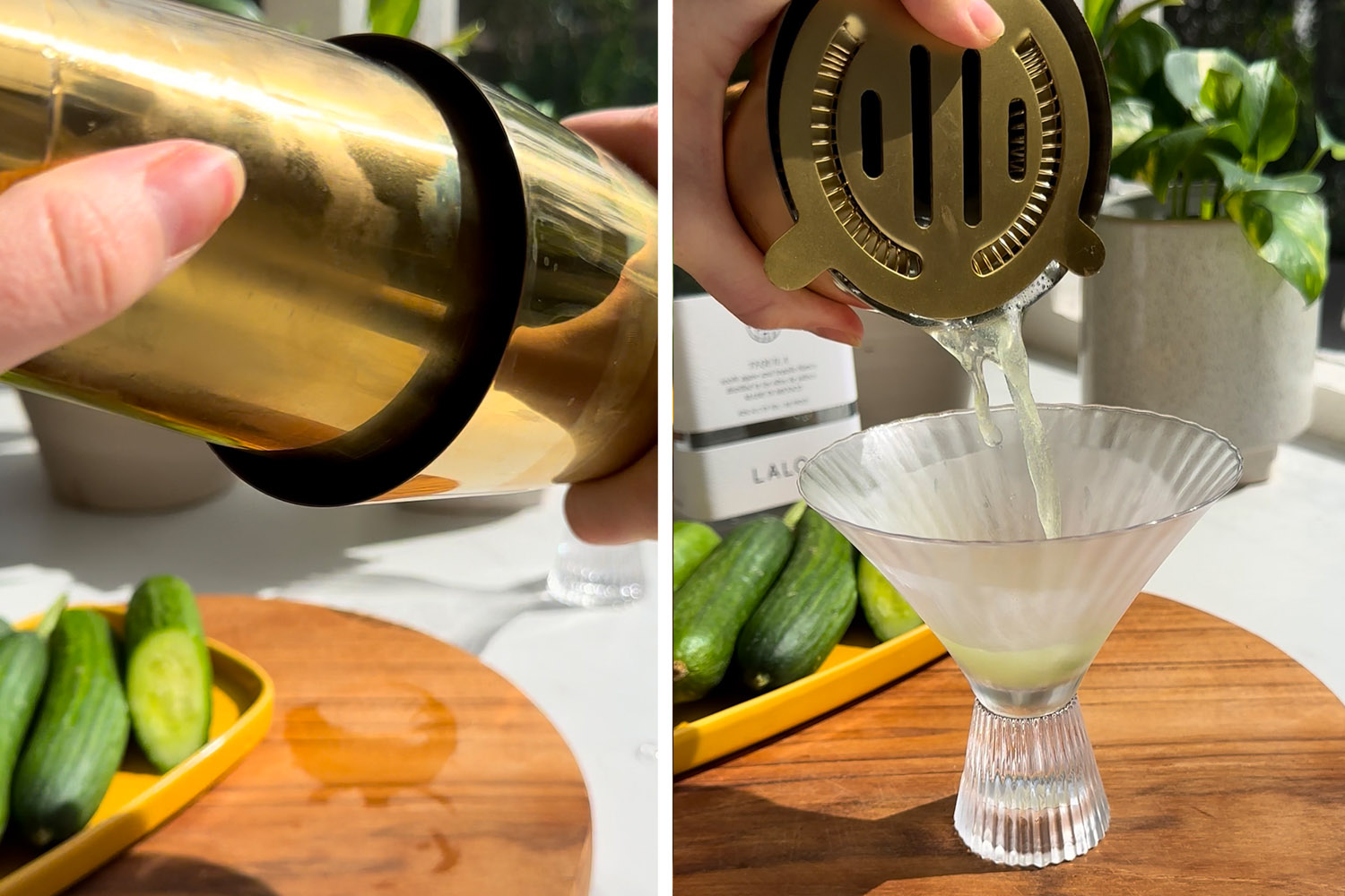 shake the cocktail shaker and strain the martini into a glass