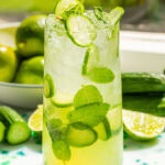 a tall glass of a cucumber mojito with slices of cucumber and leaves of mint as garnish